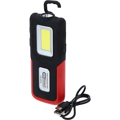 Zwarte en rode LED-lamp met haak en oplaadkabel.